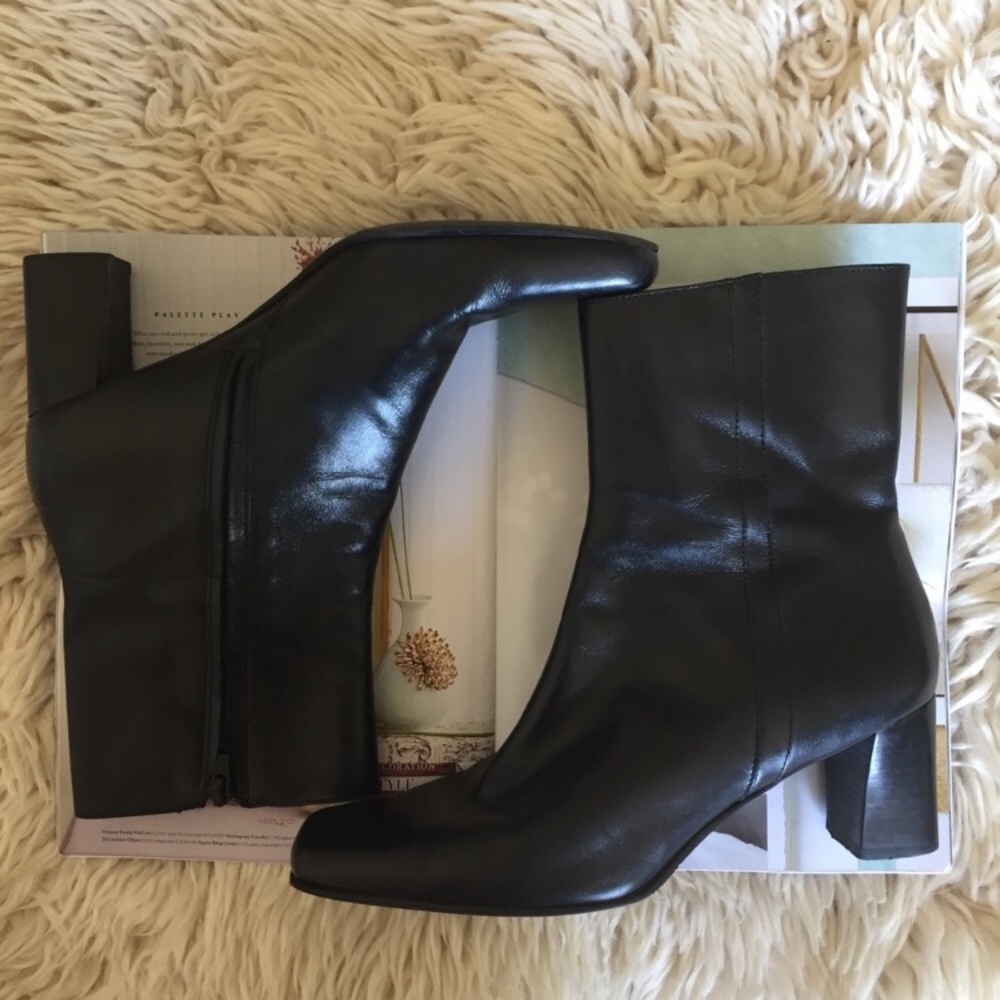 Black leather square toe boots